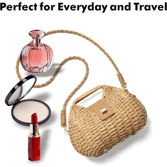 Woven Straw Purse with Crossbody Strap Summer Beach Bag Women's Handcrafted - Picture 5 of 7